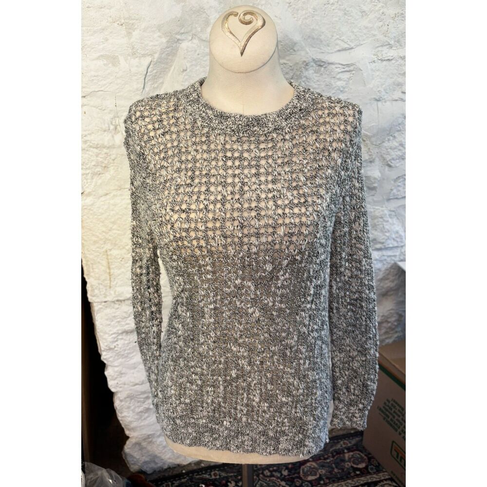 Theory Rainee Pointing Open Knit Marled Sweater White Gray Crewneck Lightweight